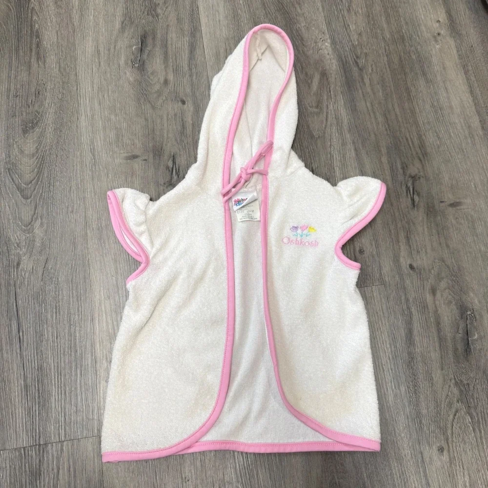Vintage OshKosh B'gosh Kids White Pink Terry Cloth Hooded Beach Coverup 24M USA